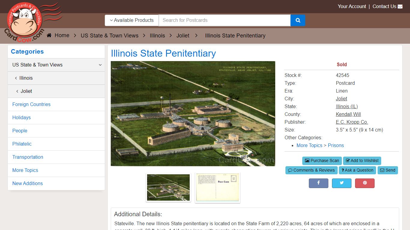 Illinois State Penitentiary Joliet, IL - cardcow.com